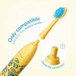 Graphic showing a yellow ORDO Sonic Kids handle with Minions design and a detachable brush head; text notes compatibility and shows connector detail.