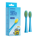 Blue Ordo Sonic Kids replacement brush heads with yellow bristles shown next to branded Minions-themed packaging.