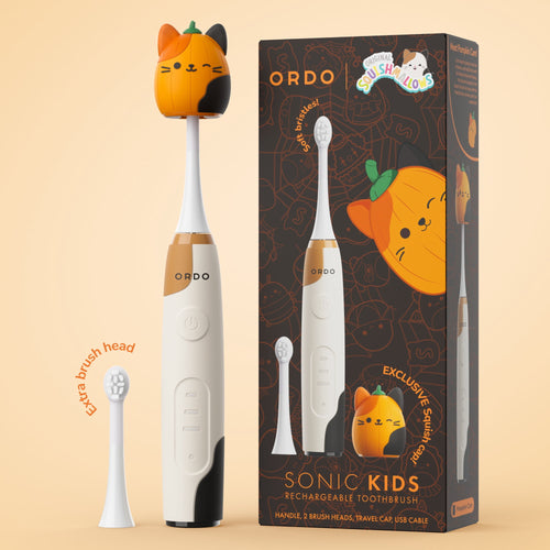 Ordo Sonic Kids rechargeable toothbrush next to product box and extra brush head, pumpkin Squishmallow cap shown