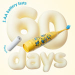 Yellow Minions-themed Ordo Sonic Kids toothbrush floating with an AA battery and large stylized '60 days' graphic.