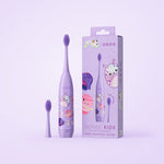 Purple Ordo kids sonic toothbrush with Squishmallows Daxxon character graphics, two brush heads and packaging