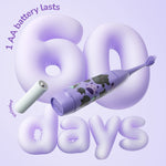 Purple toothbrush with Squishmallows Emily design floating with graphic text highlighting "60 days" and a battery illustration