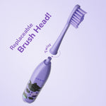 Exploded view graphic showing a replaceable purple brush head detaching from the Ordo Sonic Kids toothbrush handle