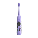 Single purple Ordo Sonic Kids battery toothbrush with Squishmallows Emily character pattern photographed on white background