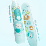 Close-up of mint Ordo kids toothbrush bodies decorated with Squishmallows Joelle characters and two-button controls.