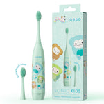 Mint green Ordo kids sonic battery toothbrush with Squishmallows character print, extra brush head and product box on white background
