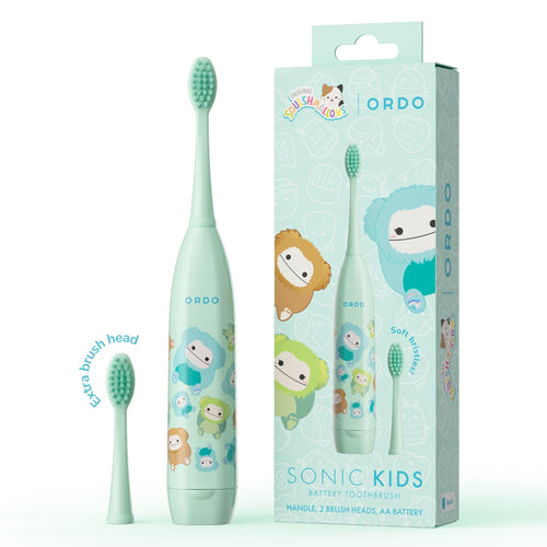 Mint green Ordo kids sonic battery toothbrush with Squishmallows character print, extra brush head and product box on white background