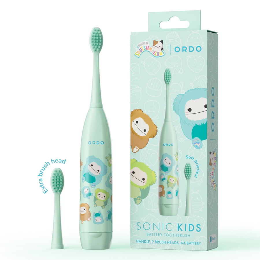 Mint green Ordo kids sonic battery toothbrush with Squishmallows character print, extra brush head and product box on white background
