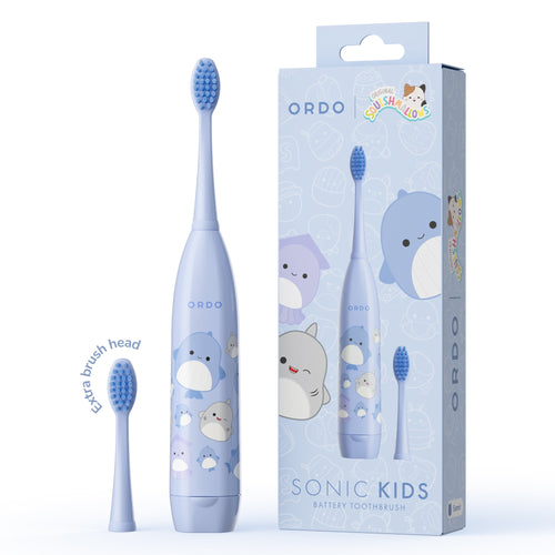 Blue Ordo kids sonic toothbrush with Squishmallows Samir characters, extra brush head and packaged box displayed on white background.