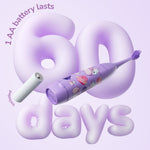 Purple Ordo kids sonic toothbrush floating with a AA battery and large 60 days graphic highlighting battery life