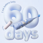 Blue Ordo sonic toothbrush floating with stylized '60 days' text and a single AA battery shown beside the brush.