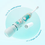 Angled product shot of mint battery-powered Ordo toothbrush showing removable cap and a single AA battery nearby.