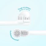 Two toothbrush heads shown: one with toothpaste on bristles and one close-up of round oscillating brush head design.