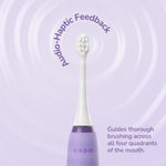 Ordo toothbrush head centered on a purple background with text highlighting audio-haptic feedback