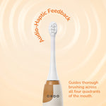 Ordo toothbrush head shown upright with illustrated audio-haptic feedback rings and guiding text for quadrant brushing