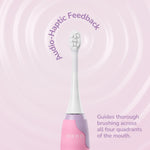 Toothbrush head and upper handle displayed vertically with swirling background and text highlighting audio-haptic feedback guidance.