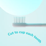 Side view of a slim toothbrush head showing bristles and textured neck against a soft circular light