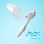 White Ordo toothbrush head and clear travel cap floating on blue background with caption about staying fresh on the move