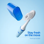 Floating light-blue Ordo toothbrush with travel cap and brush head shown against a soft blue background