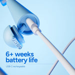 Detail view of Ordo toothbrush USB-C charging port with cable and text highlighting six-plus weeks battery life
