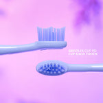Close-up purple-toned shots of a sonic brush head showing side bristles and an oval top view with callout text about bristles