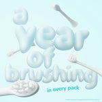 Playful layout of toothbrush heads around puffed text reading 'a year of brushing' on light blue background
