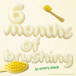 Promotional graphic with two yellow kids brush heads and balloon-style text reading about months of brushing
