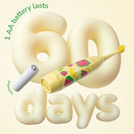 Yellow Ordo kids toothbrush and AA battery displayed with large '60 days' text indicating battery life