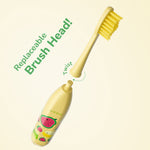 Exploded view showing removable yellow toothbrush head detaching from an Ordo kids sonic toothbrush handle