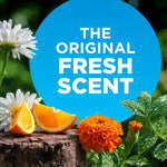 Blue circle graphic reading The Original Fresh Scent over flowers, orange slice and green foliage