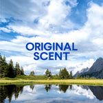 Scenic landscape with lake and sky behind bold text reading "ORIGINAL SCENT" used as product scent graphic
