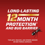 Red promotional graphic stating "Long-Lasting 12 Month Protection and Bug Barrier" with an ant illustration