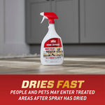 Ortho Home Defense spray bottle standing on a floor in front of cabinets with 'Dries Fast' claim below