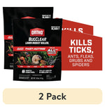 Two Ortho BugClear lawn insect killer bags displayed with a red callout reading kills ticks, ants, fleas, grubs and spiders