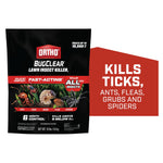 Black Ortho BugClear lawn insect killer bag with red accent showing insects and text 'Kills ticks, ants, fleas, grubs and spiders.'