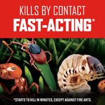 Graphic panel with large 'Fast-Acting' headline above illustrated close-ups of lawn pests including a grub, tick and ant.