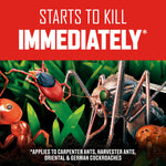 Red banner graphic with bold text "Starts to Kill Immediately" above illustrated close-ups of ants, a mosquito and a tick.