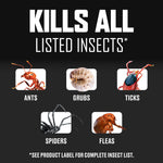Informational graphic 'Kills All Listed Insects' with icons and photos labeled ants, grubs, ticks, spiders and fleas.