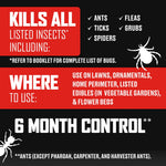 Label panel reading kills all listed insects with icons and text showing ants, ticks, fleas, grubs and spiders and usage areas
