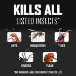 Infographic panel reading "Kills All Listed Insects" with icons and labels for ants, mosquitoes, ticks, spiders and fleas.