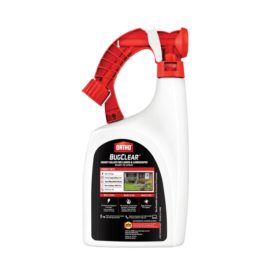 White ready-to-spray Ortho BugClear bottle with red spray handle and black product label