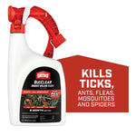 White spray bottle with red trigger labeled Ortho BugClear next to graphic reading "Kills ticks, ants, fleas, mosquitoes and spiders".