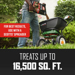 Lifestyle image of a person pouring Ortho BugClear into a Scotts spreader with text recommending the spreader and coverage area
