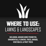 Black panel with white grass icon and text "Where to Use: Lawns & Landscapes" plus usage examples in smaller type.