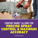 Close-up of hands adjusting the Comfort Wand spray wand above the Ortho Home Defense Max jug beside a bed, with accuracy claim text below.
