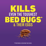Graphic on purple background reading 'Kills even the toughest bed bugs & their eggs' with a close-up illustration of a bed bug.
