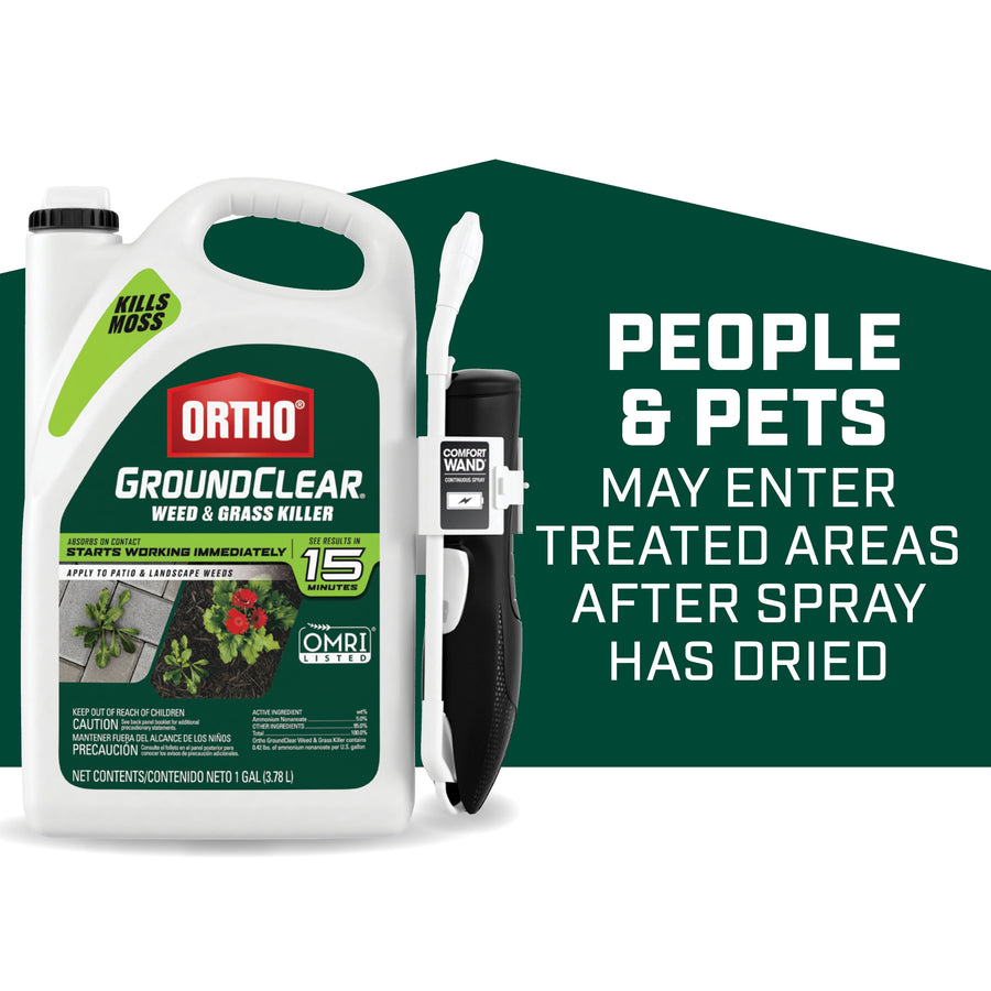 Ortho GroundClear one-gallon jug with attached comfort wand and safety text panel
