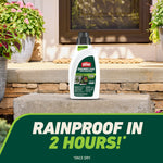 Ortho GroundClear bottle staged on a doorstep step with planters and a door in the background and rainproof-in-2-hours claim banner.