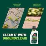 Ortho GroundClear product graphic with two inset photos of weeds in pavers and grass, marketing text on dark green background.
