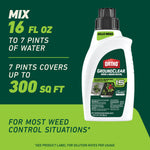 Product use graphic showing Ortho GroundClear bottle with mixing instructions text stating 16 fl oz to 7 pints covers up to 300 sq ft.